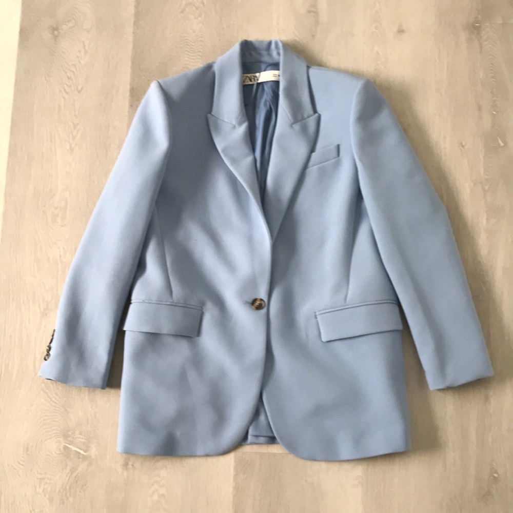 ZARA BLUE BLAZER JACKET ONE BUTTON OVERSIZED WOMENS SMALL